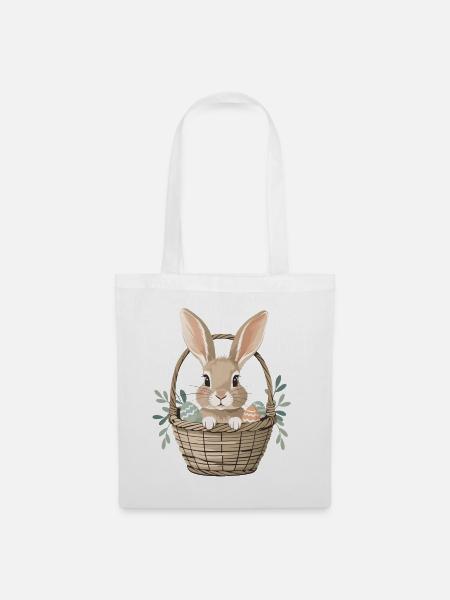 Fröhlicher Osterhase im Korb - Stoffbeutel - Weiß