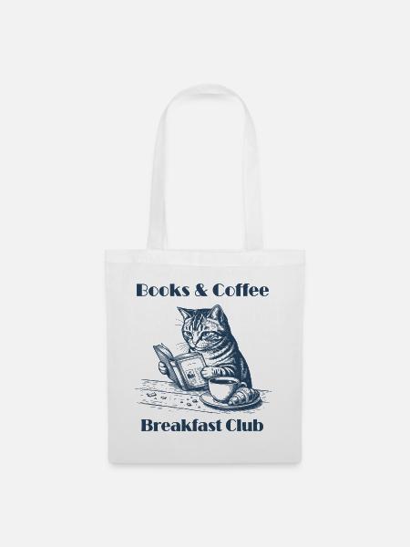 Books & Coffee Cat – Design für gemütliche Leser - Stoffbeutel - Weiß