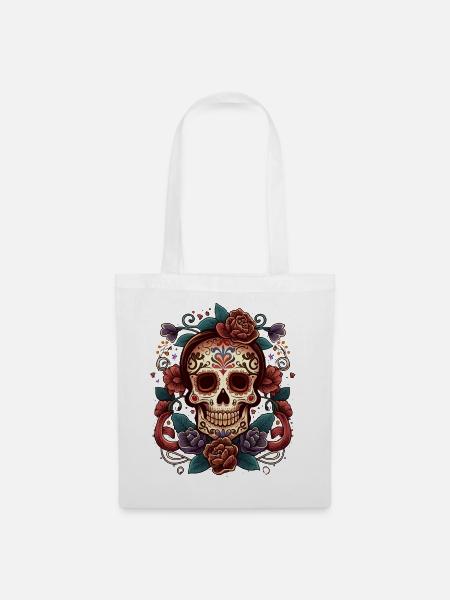 Sugar Skull Blumen-Tattoo-Kunst - Stoffbeutel - Weiß