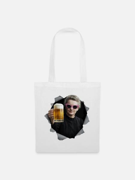 Marie Curie hält ein Bier - Stoffbeutel - Weiß