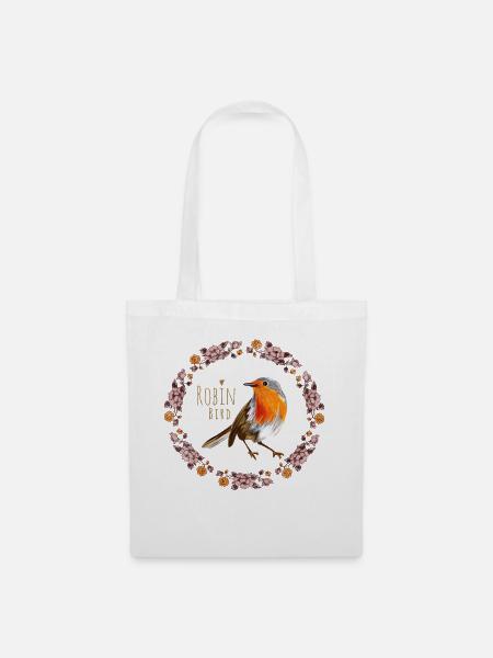 Rotkehlchen Vogel mit botanischen Blumen Design - Stoffbeutel - Weiß