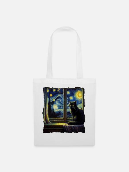 Schwarze Katze Starry Night - Stoffbeutel - Weiß
