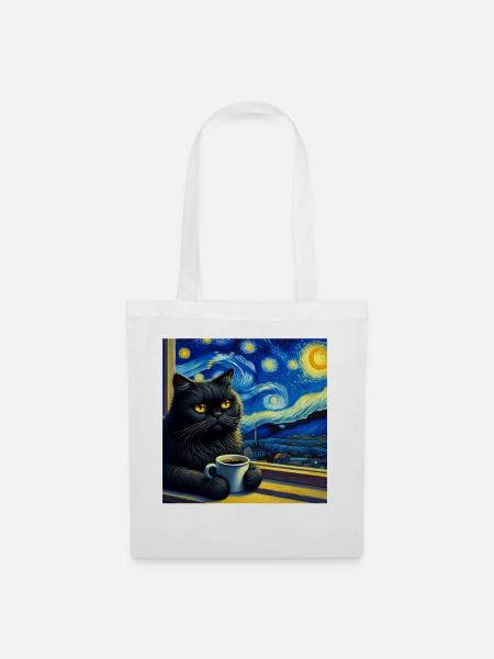 Schwarze Katze Starry Night - Stoffbeutel - Weiß