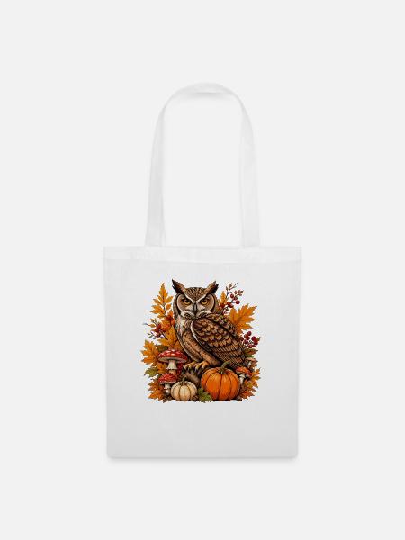 Herbst-Eule mit Kürbis - Stoffbeutel - Weiß