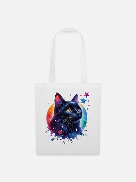 Schwarze Katze Motiv - Stoffbeutel - Weiß