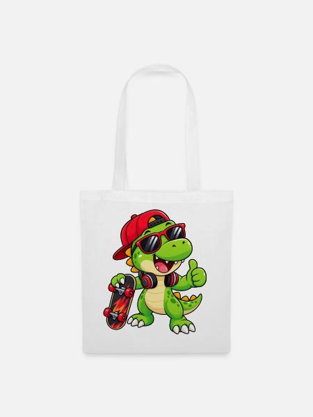 Dino-Skater mit Sonnenbrille und Mütze - Stoffbeutel - Weiß