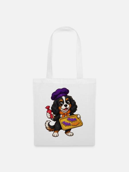 Cavalier Spaniel backt Fledermaus-Halloween-Kekse - Stoffbeutel - Weiß