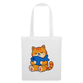 Orangefarbene getigerte Katze umarmt ein Fischkissen - Stoffbeutel - Weiß - Vorne