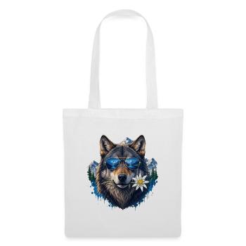 Cooler Wolf mit Sonnenbrille Berge Edelweiss - Stoffbeutel - Weiß - Vorne