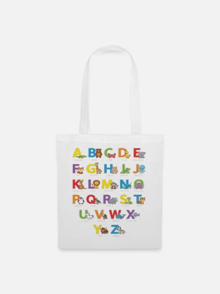 Tieralphabet: Bunte Tierbuchstaben - Stoffbeutel - Weiß