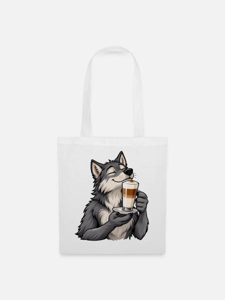 Wolf mit Latte Macchiato - Stoffbeutel - Weiß