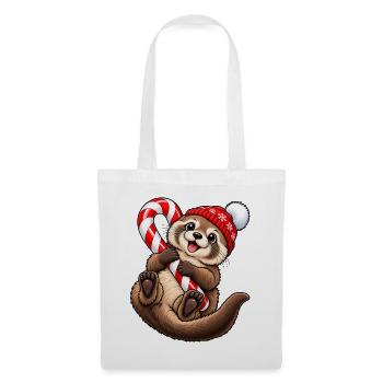 Süßer Otter mit Wintermütze & Zuckerstange - Stoffbeutel - Weiß - Vorne