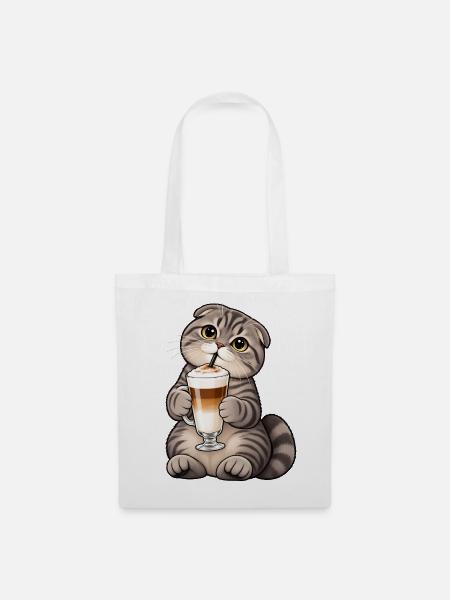 Scottish Fold mit Latte Macchiato – Katzenkaffee - Stoffbeutel - Weiß