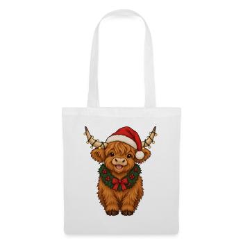 Weihnachtliches Hochlandrind mit Weihnachtsmütze - Stoffbeutel - Weiß - Vorne