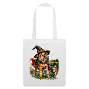 Halloween Bulldogge Hexenhut Angelhund für Angler - Stoffbeutel - Weiß - Vorne