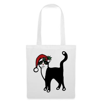 Weihnachtsmann-Katze mit Stechpalme - Stoffbeutel - Weiß - Vorne