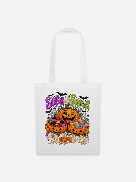 Lustiges Halloween Motiv - Süßes oder Saures - Stoffbeutel - Weiß