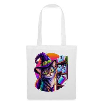 Halloween Katze mit Hexenhut und kippendem Objekt - Stoffbeutel - Weiß - Vorne
