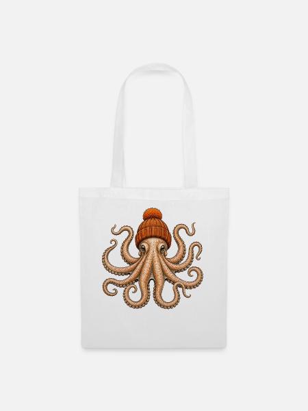 Oktopus mit Mütze - Stoffbeutel - Weiß