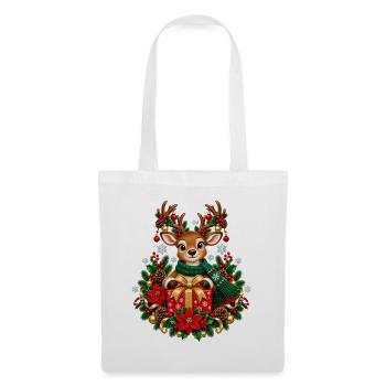 Rentier mit Geschenk im Weihnachtsglanz - Stoffbeutel - Weiß - Vorne