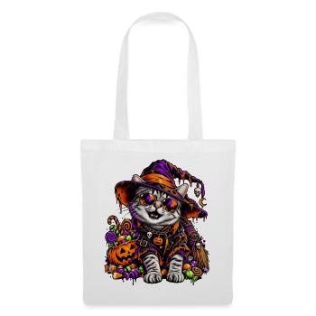 Bunte Halloween Hexenkatze mit Süßem - Stoffbeutel - Weiß - Vorne