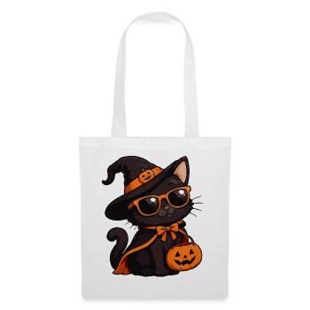 Halloween-Katze mit Kürbiskorb - Stoffbeutel - Weiß - Vorne