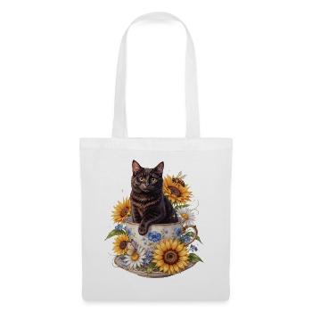 Schwarzer Kater in Teetasse mit Sonnenblumen - Stoffbeutel - Weiß - Vorne