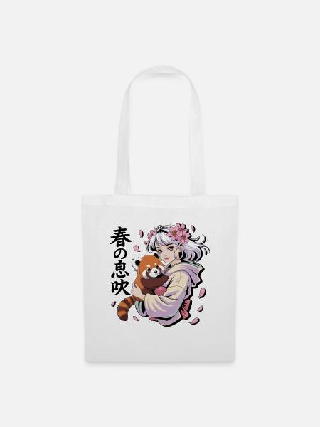 春の息吹 Anime Mädchen Mit Rotem Panda Sakura - Stoffbeutel - Weiß