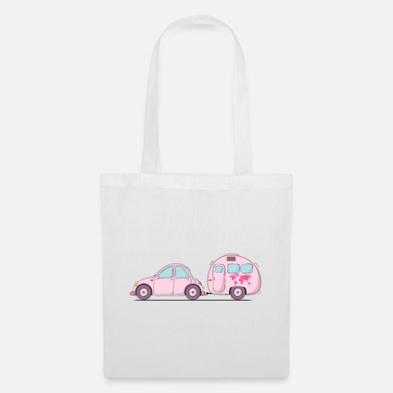 Auto mit Wohnwagen Rosa - Stoffbeutel - Weiß