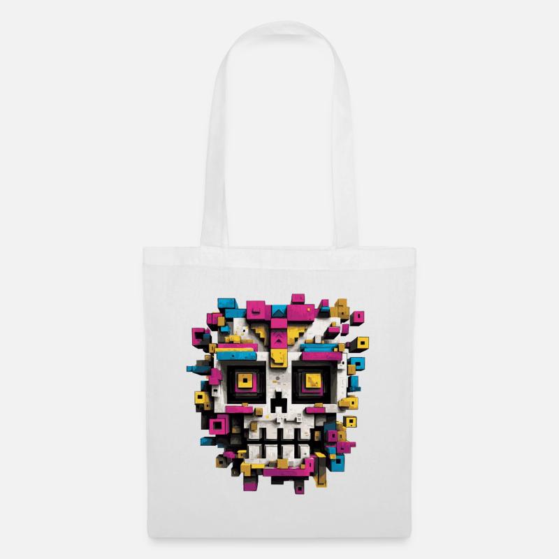 Geometrischer Schädel – bunte Pixel Art - Stoffbeutel - Weiß