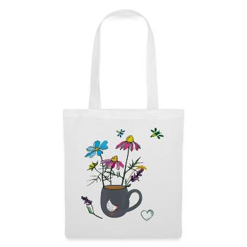 Blumen in einem Becher mit Huhn - Stoffbeutel - Weiß - Vorne