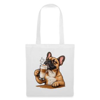 Frenchie mit Latte Macchiato - Stoffbeutel - Weiß - Vorne