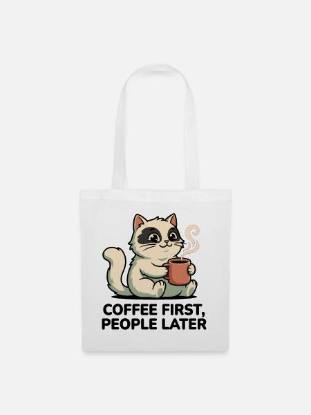 Kaffee-Katze: Kaffee zuerst - Stoffbeutel - Weiß