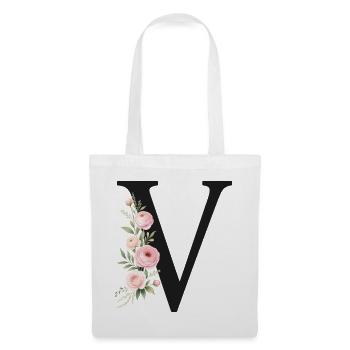 V Buchstabe Monogram Floral - Stoffbeutel - Weiß - Vorne