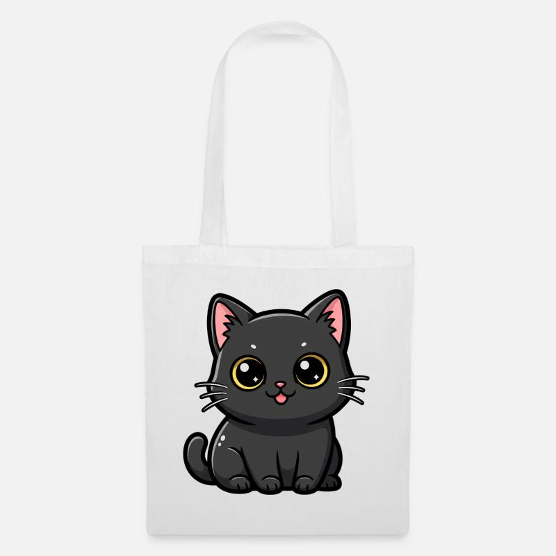 Kawaii Schwarzer Katzen-Anhänger - Stoffbeutel - Weiß