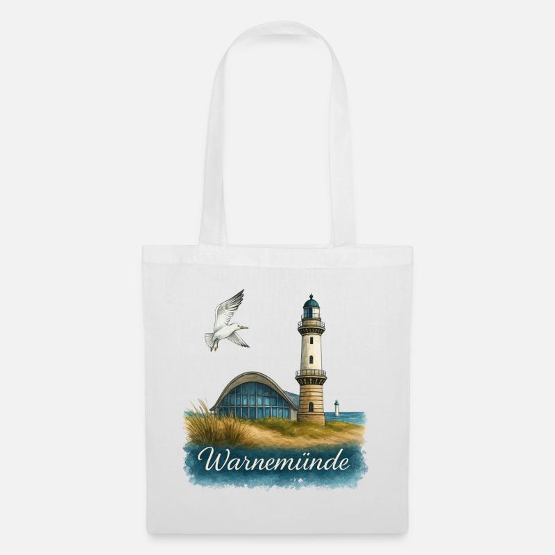 Warnemünde Teepot und Leuchtturm mit Möwe - Stoffbeutel - Weiß