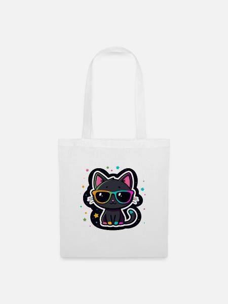 Schwarze Katzenregenbogenbrille - Stoffbeutel - Weiß