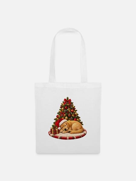 Schlafender Weihnachtshund am Baum - Stoffbeutel - Weiß