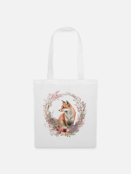 Vintage Fuchs mit Blumenkranz - Stoffbeutel - Weiß