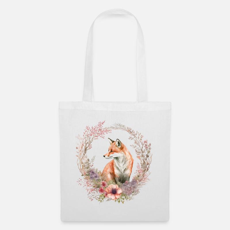 Vintage Fuchs mit Blumenkranz - Stoffbeutel - Weiß