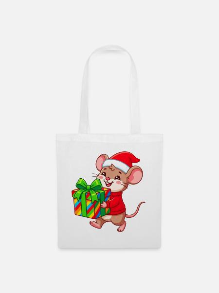 Festliches Geschenk-Maus im Weihnachtsmannhut - Stoffbeutel - Weiß
