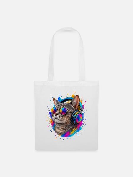Katze Headphone cool Musik - Stoffbeutel - Weiß