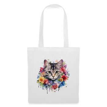 Katze Blumen Aquarell Zeichnung Kunst Bunt Floral - Stoffbeutel - Weiß - Vorne