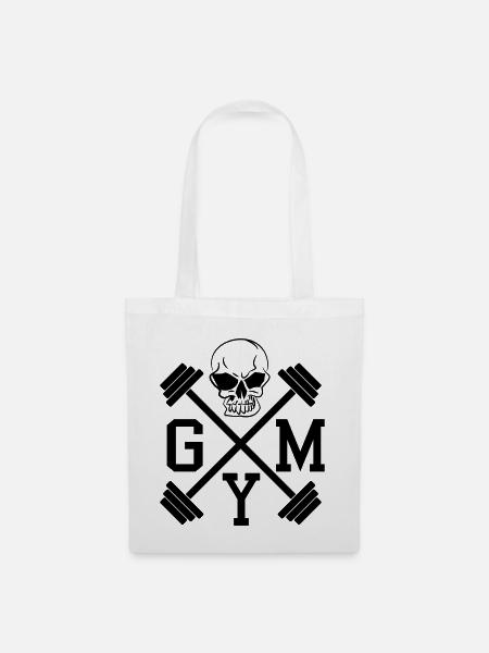 GYM Hanteln Bodybuilding Totenkopf Skull 1c - Stoffbeutel - Weiß