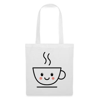 Kaffee, Tee oder Kakao Tasse mit kawaii Gesicht - Stoffbeutel - Weiß - Vorne