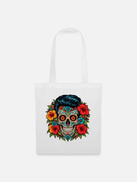 Flower Skull – Rockabilly Sugar Skull - Stoffbeutel - Weiß