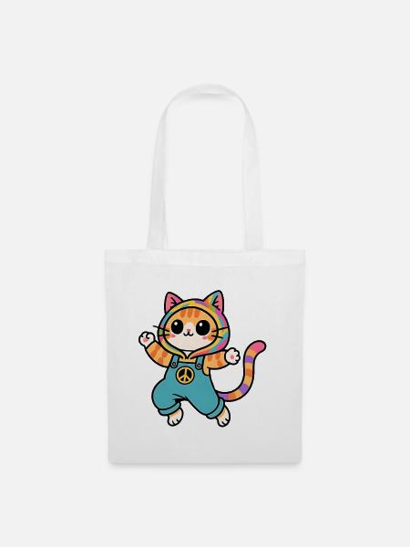 Regenbogenkatze Frieden und Liebe - Stoffbeutel - Weiß