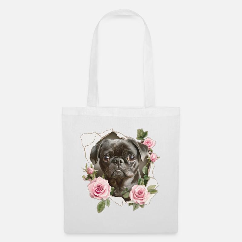 Mops Blumen Vintage - Stoffbeutel - Weiß