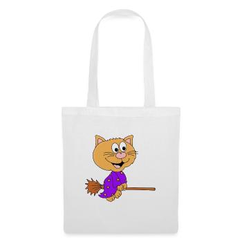 KATZE - HEXE - HEXENBESEN - TIER - KIND - BABY - Stoffbeutel - Weiß - Vorne