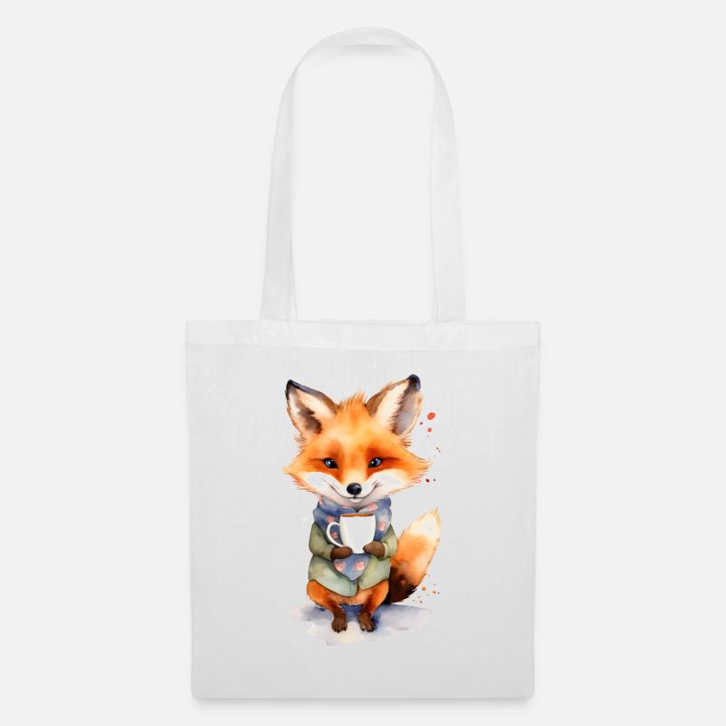 Fuchs mit Kaffee -Aquarellstil - Stoffbeutel - Weiß